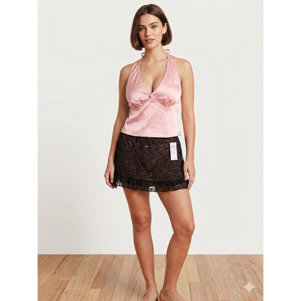 Women's Satin Halter Sleep Top in Blush Pink with lace black skirt